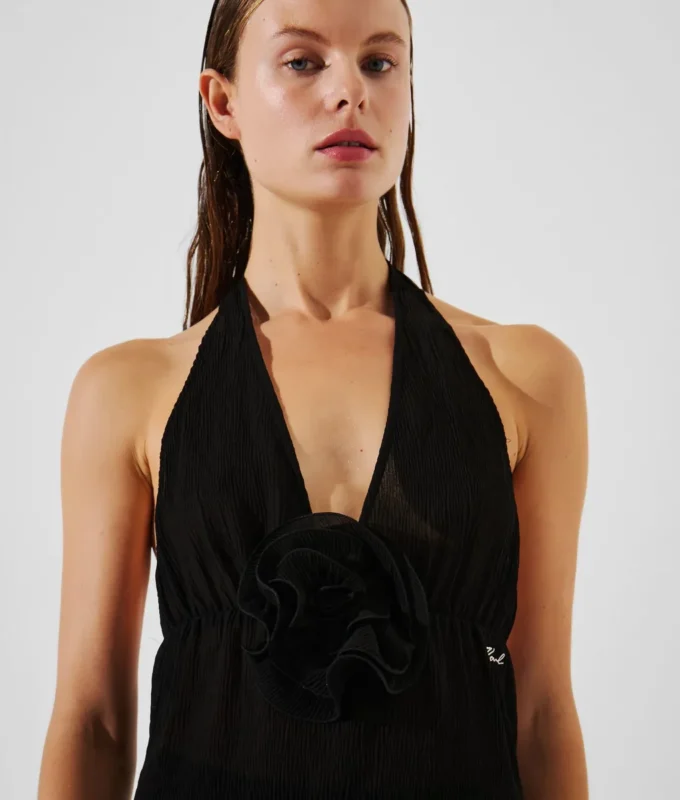 FLOWER PLISSÉ HALTER TOP